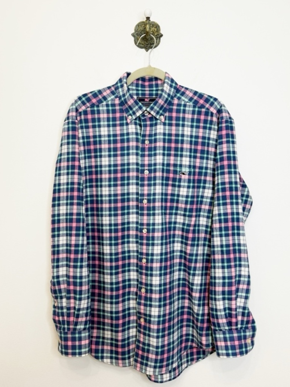 Vinyard Vines Performance Blue Pink Plaid Classic Fit Tucker Shirt Men's Medium